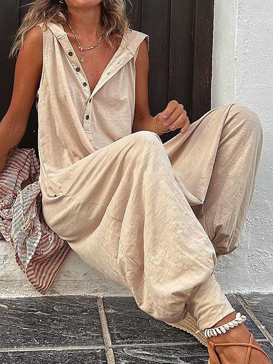 Lunimesd Buttoned Hooded Sleeveless Pants Jumpsuit
