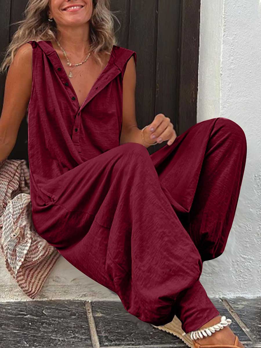 Lunimesd Buttoned Hooded Sleeveless Pants Jumpsuit