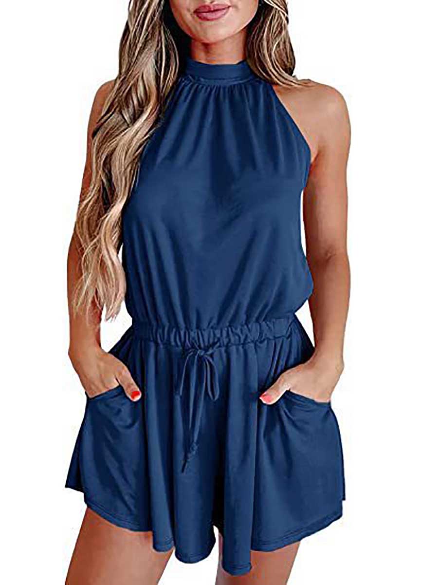 Lunimesd Elegant Waist Tie Sleeveless Hanging Neck Loose Shorts Printed Jumpsuit