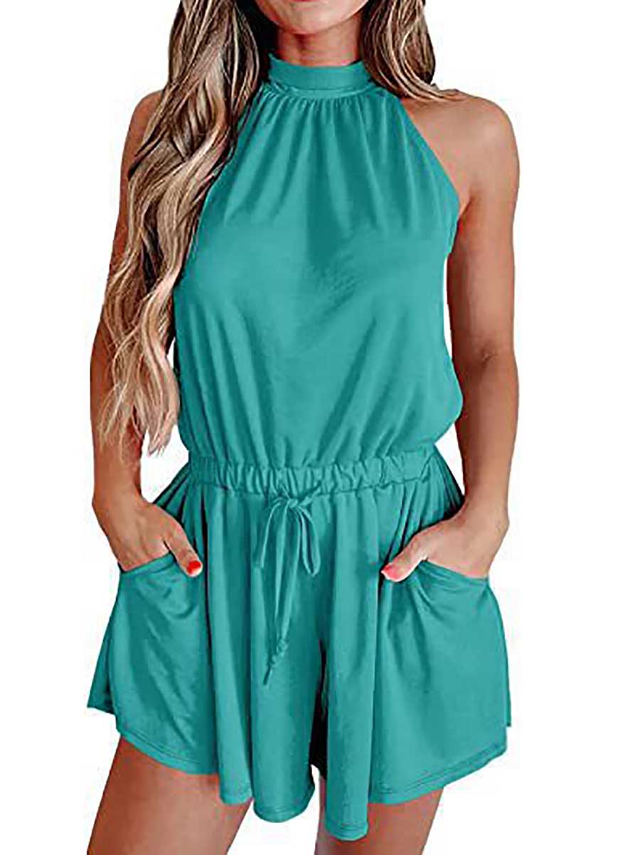 Lunimesd Elegant Waist Tie Sleeveless Hanging Neck Loose Shorts Printed Jumpsuit