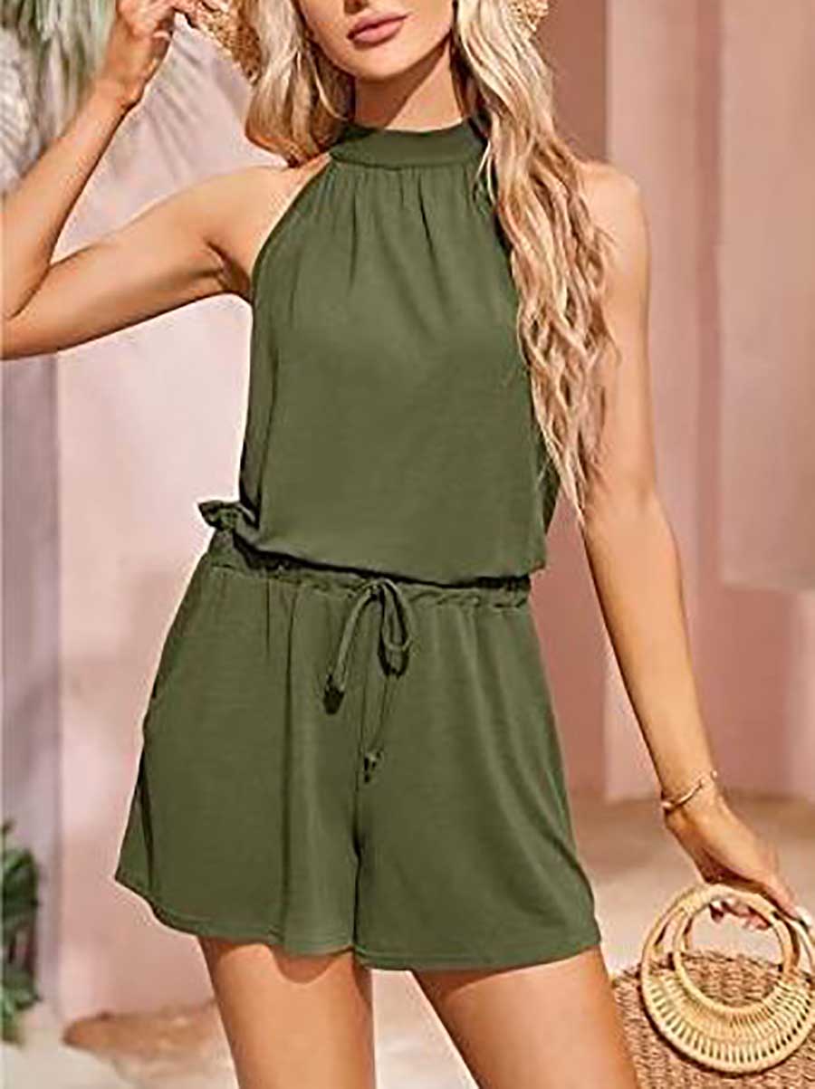 Lunimesd Elegant Waist Tie Sleeveless Hanging Neck Loose Shorts Printed Jumpsuit