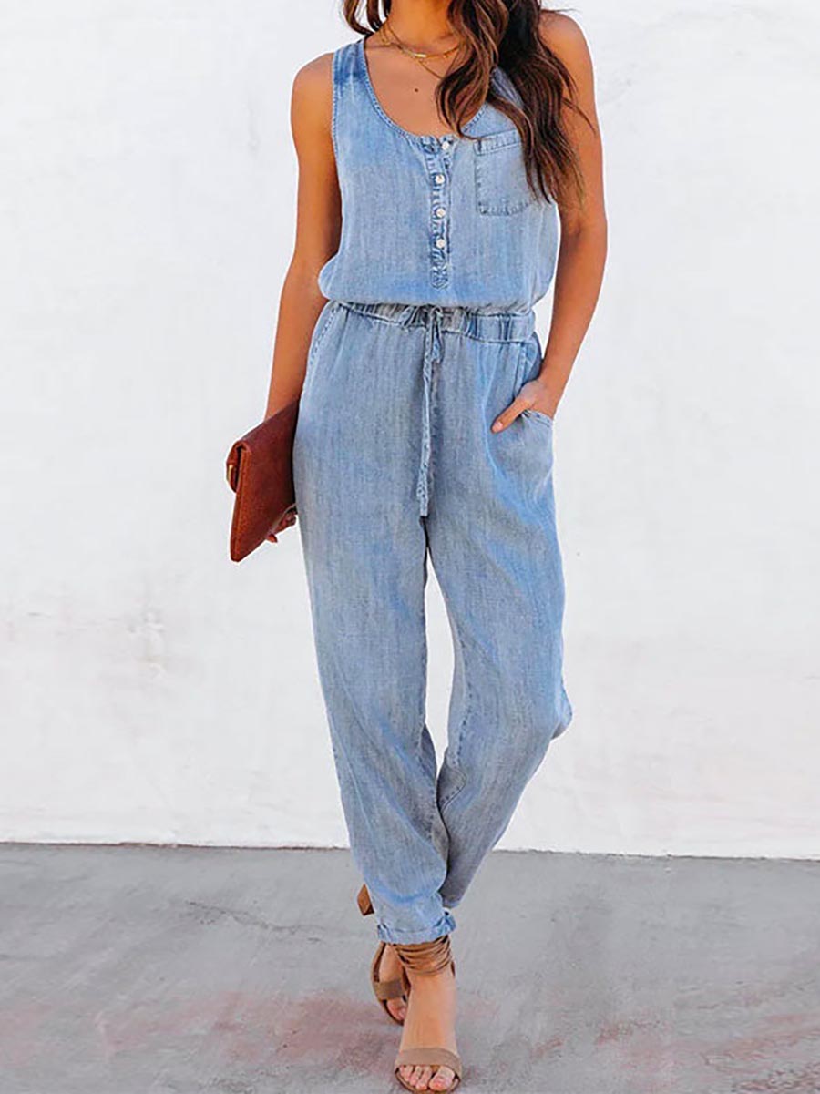 Lunimesd Drawstring Waist Distressed Denim Tank Jumpsuit