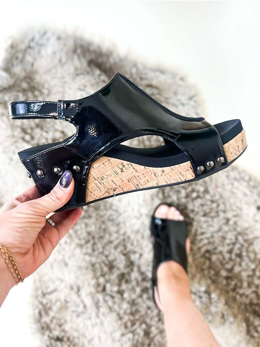 Black Patent Wedge Sandals