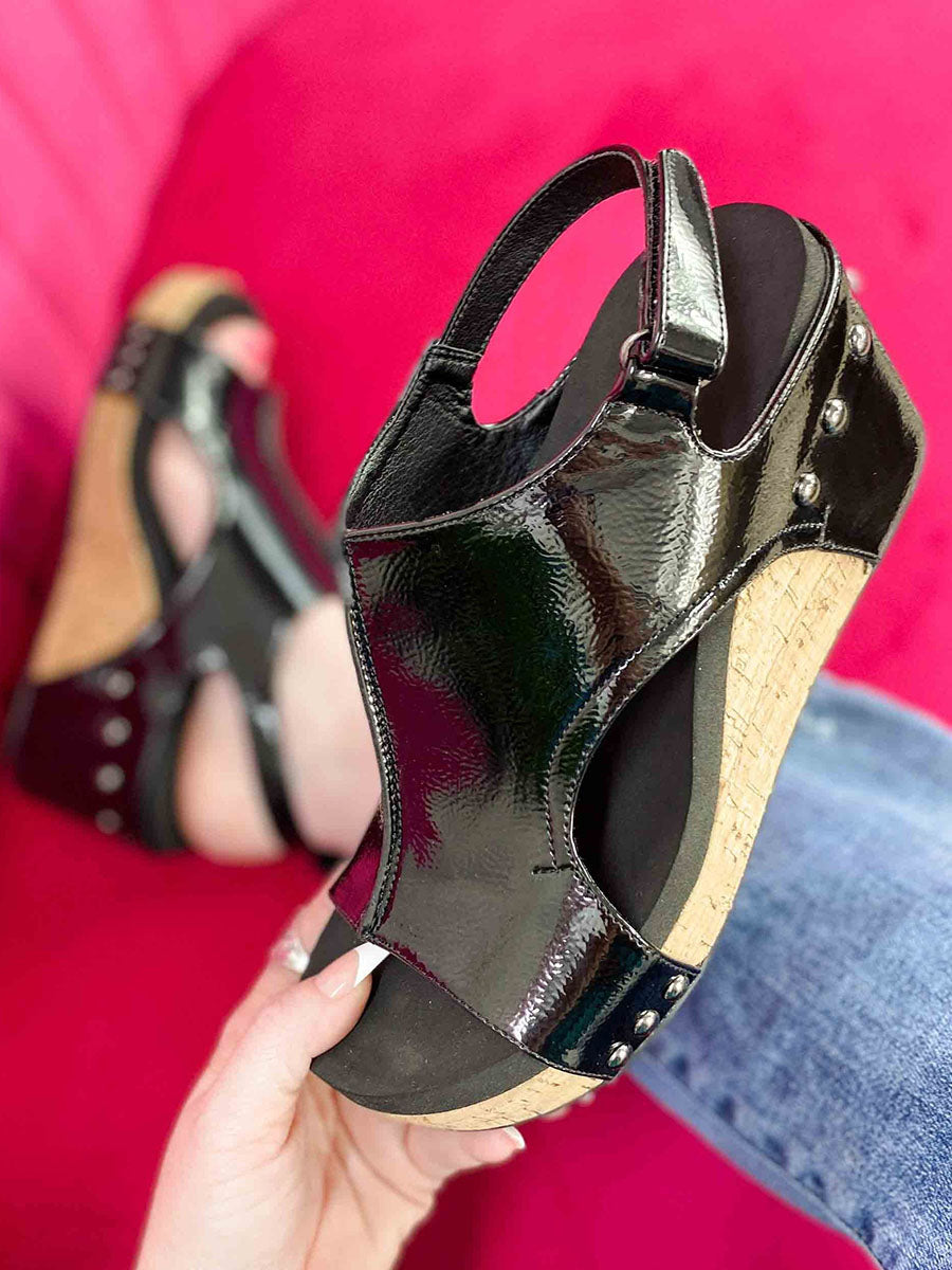 Black Patent Wedge Sandals