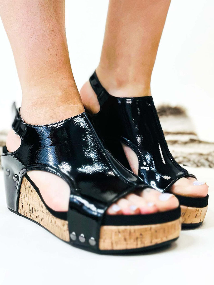 Lunimesd Black Patent Wedge Sandals