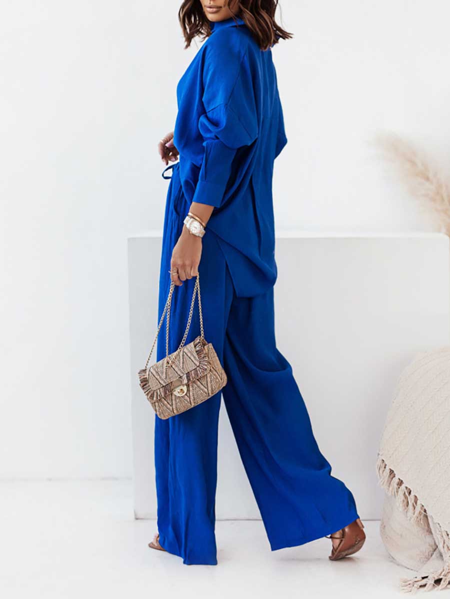 Loose Stretch Wrinkle Long Sleeve Shirt Wide Leg Pants Casual Suit