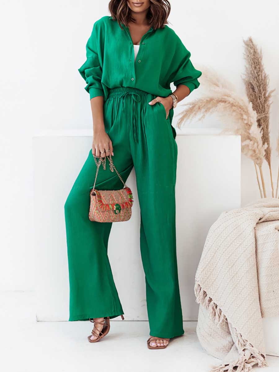Loose Stretch Wrinkle Long Sleeve Shirt Wide Leg Pants Casual Suit