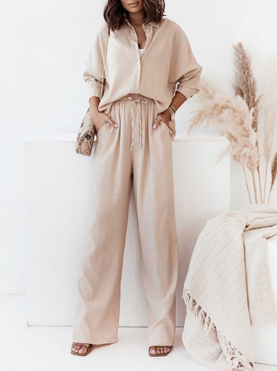 Lunimesd Loose Stretch Wrinkle Long Sleeve Shirt Wide Leg Pants Casual Suit