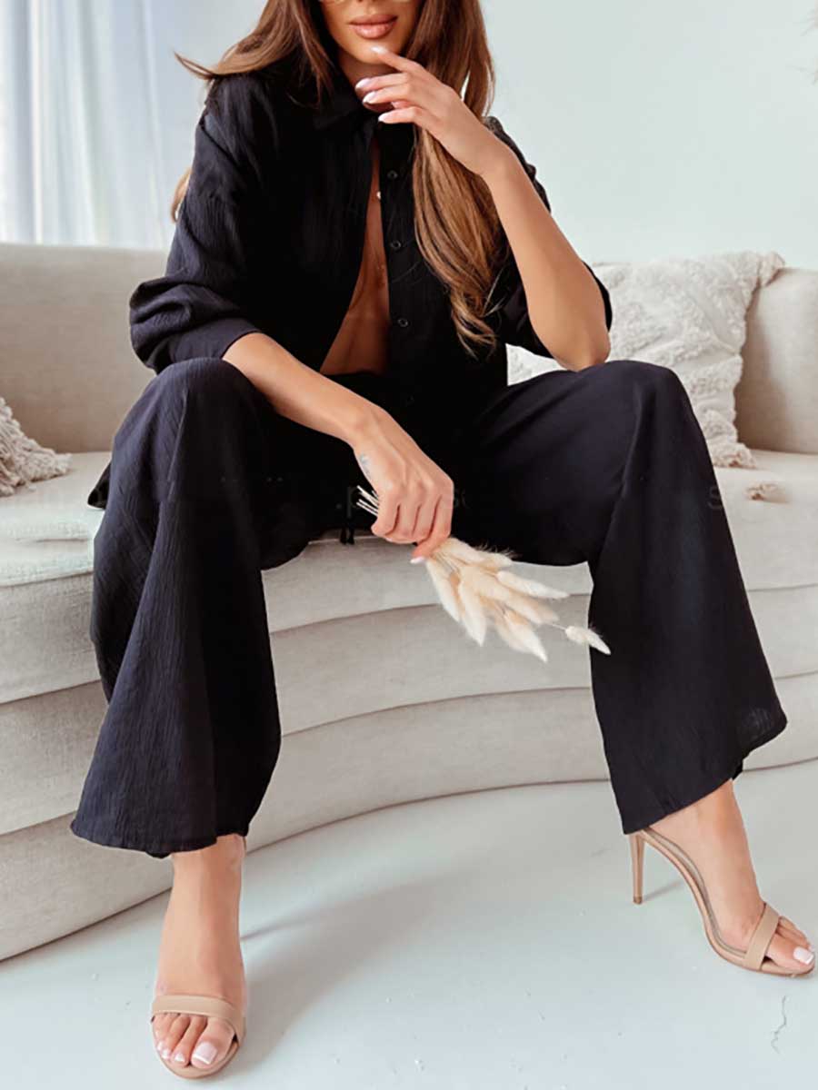 Loose Stretch Wrinkle Long Sleeve Shirt Wide Leg Pants Casual Suit