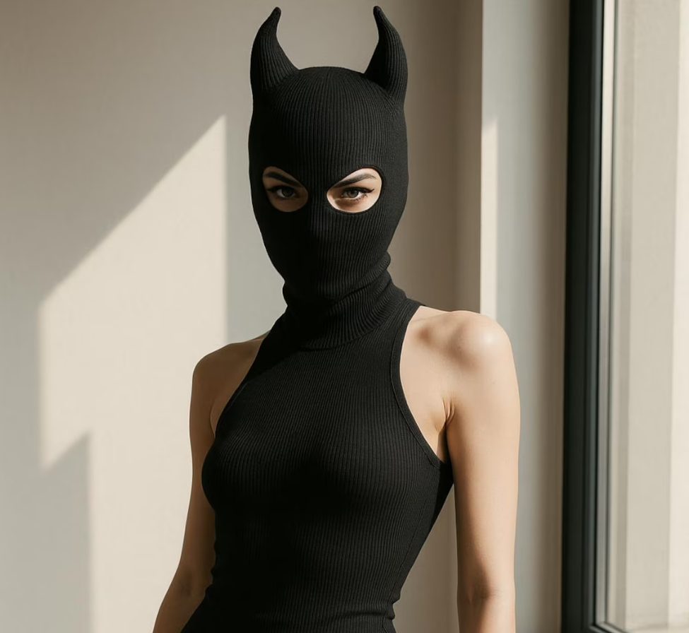 Black Horned Ribbed Balaclava 212