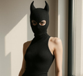 Black Horned Ribbed Balaclava 212