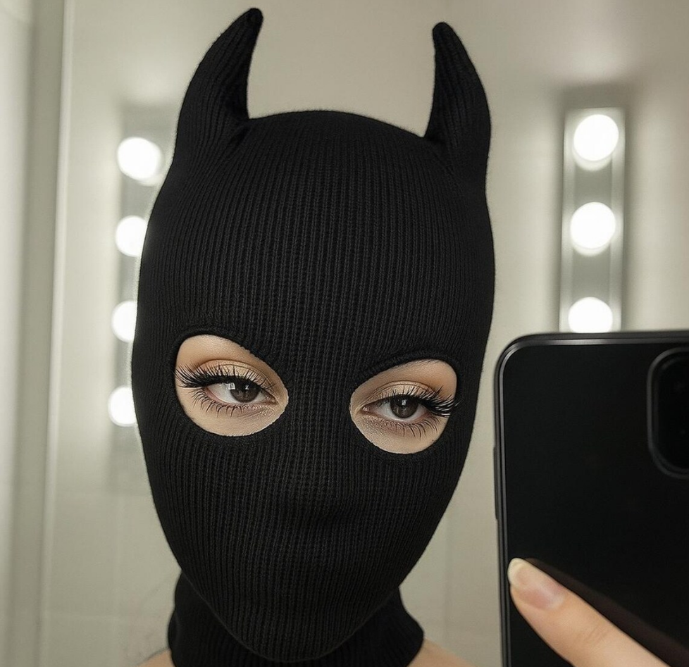 Black Horned Ribbed Balaclava 212