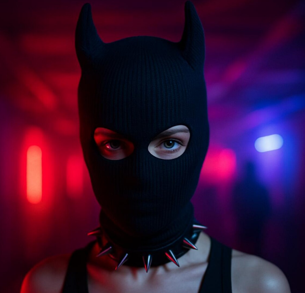 Black Horned Ribbed Balaclava 212