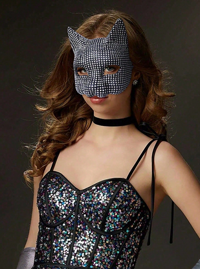 Silver Rhinestone Cat Masquerade Mask 216