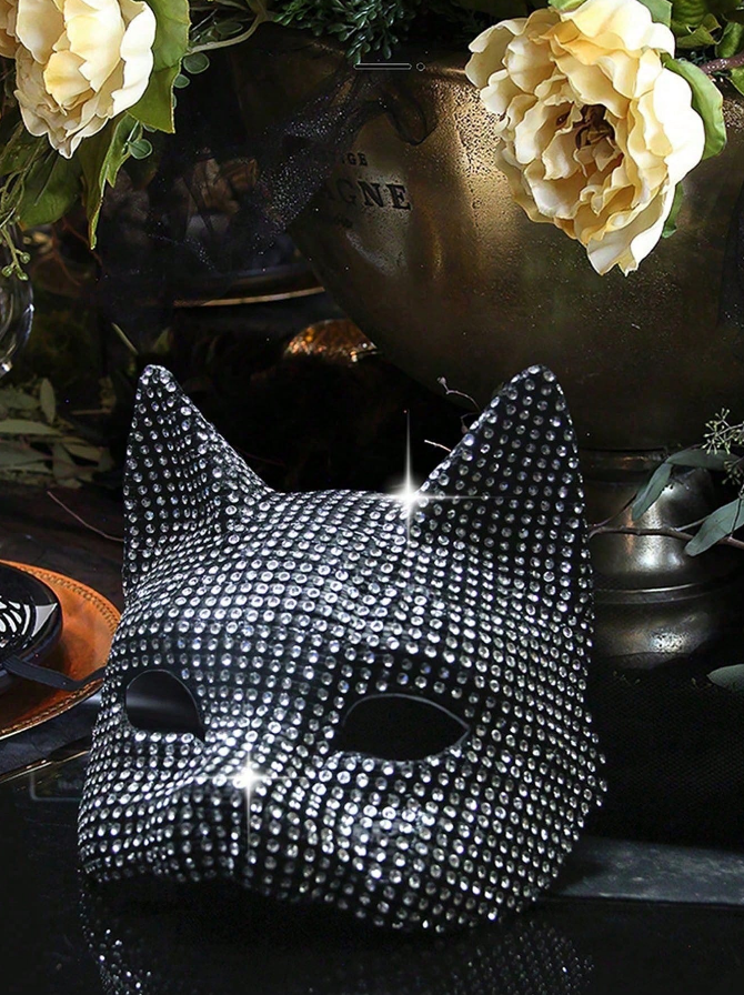 Silver Rhinestone Cat Masquerade Mask 216