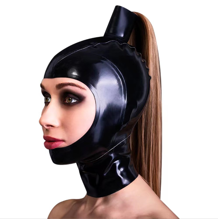 Black Latex Hood with Ponytail Holder 226