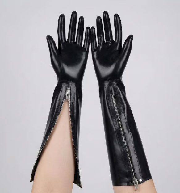 Black Latex Long Gloves with Zippers
