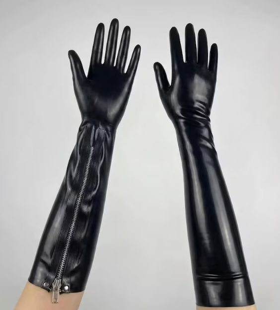 Black Latex Long Gloves with Zippers