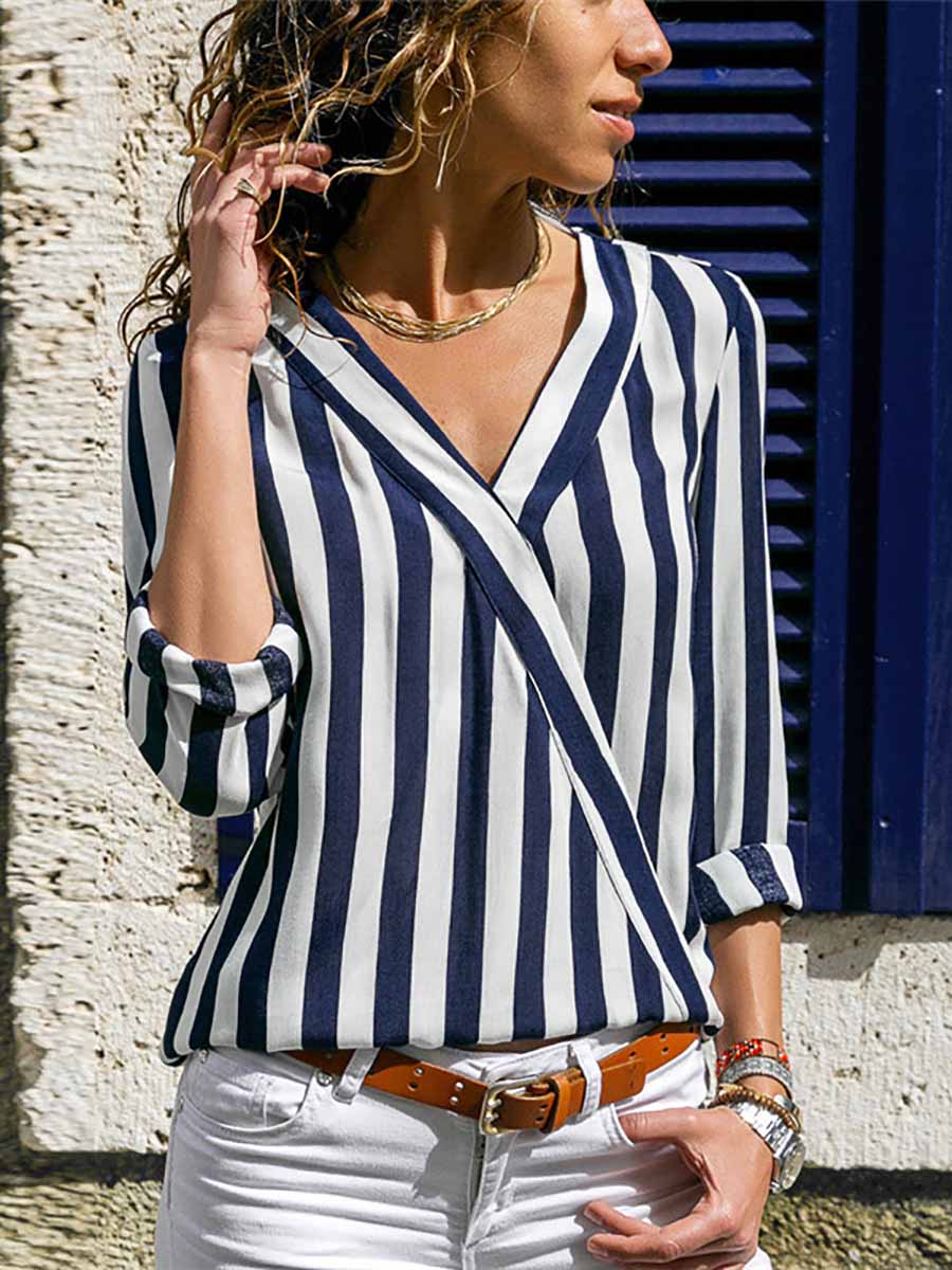 Lunimesd V-Neck Striped Long-Sleeved Shirt