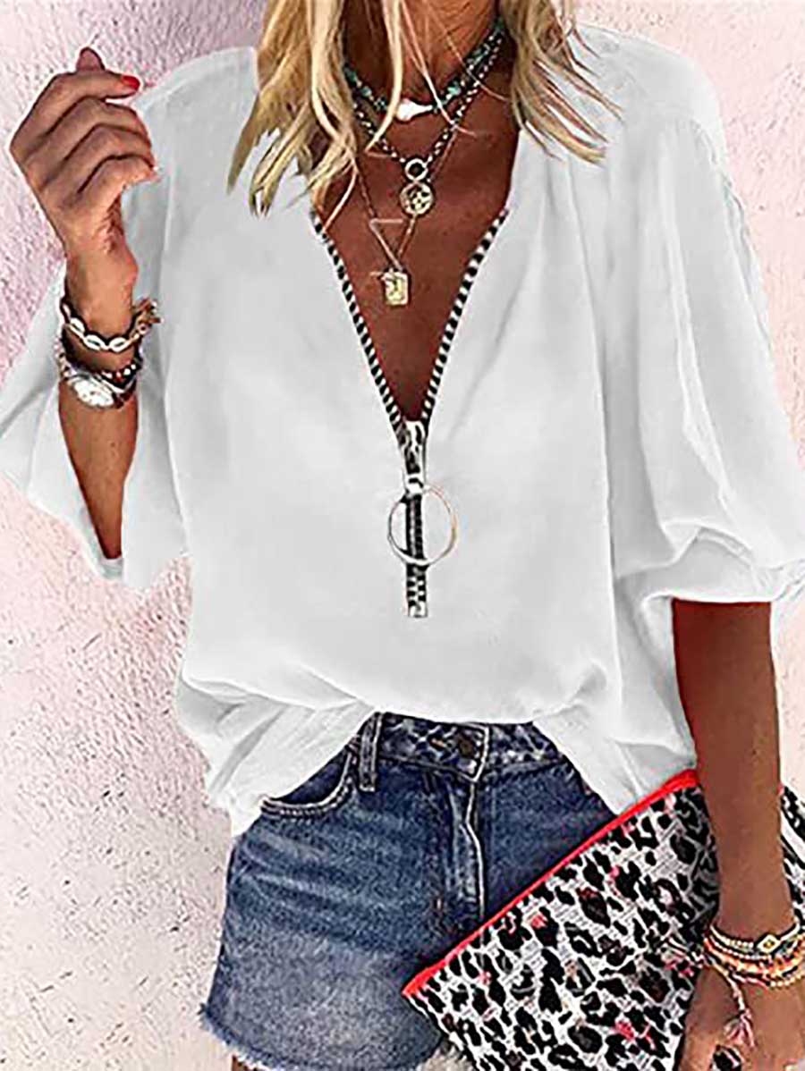 Lunimesd Solid Color V-Neck Zipper Shirt