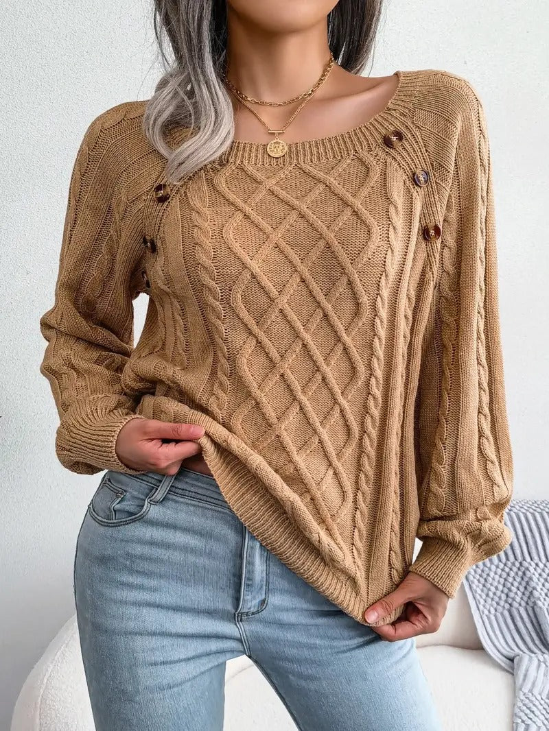 Lunimesd Women's Stylish Round Neck Texture Button Lantern Sleeve Sweater