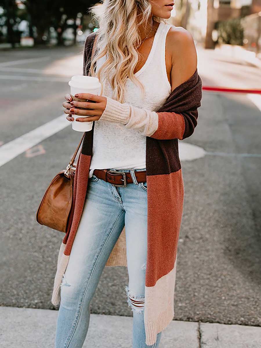 Lunimesd Knit Sweater Tricolor Stripe Patchwork Long Sweater Cardigan