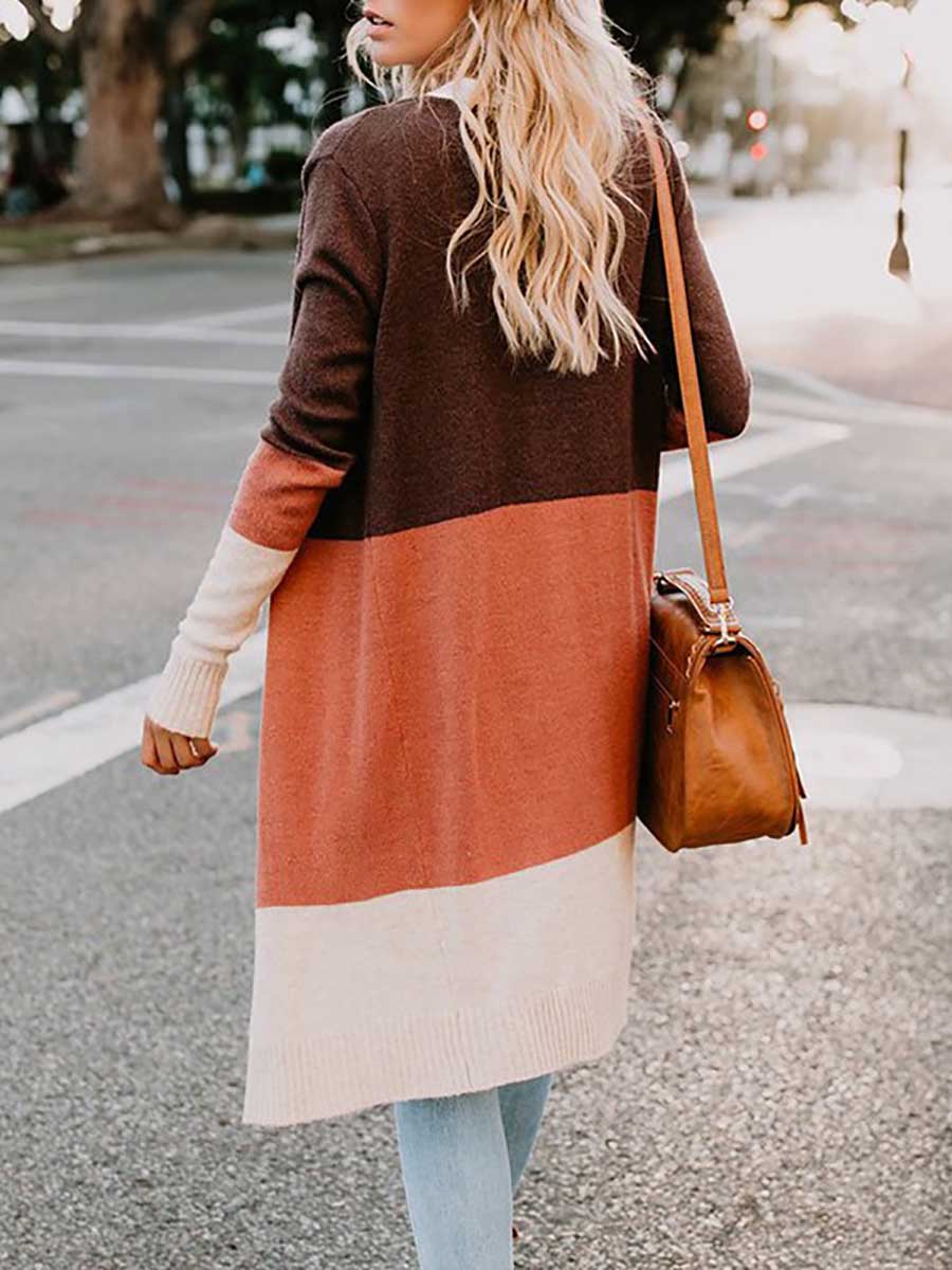 Lunimesd Knit Sweater Tricolor Stripe Patchwork Long Sweater Cardigan