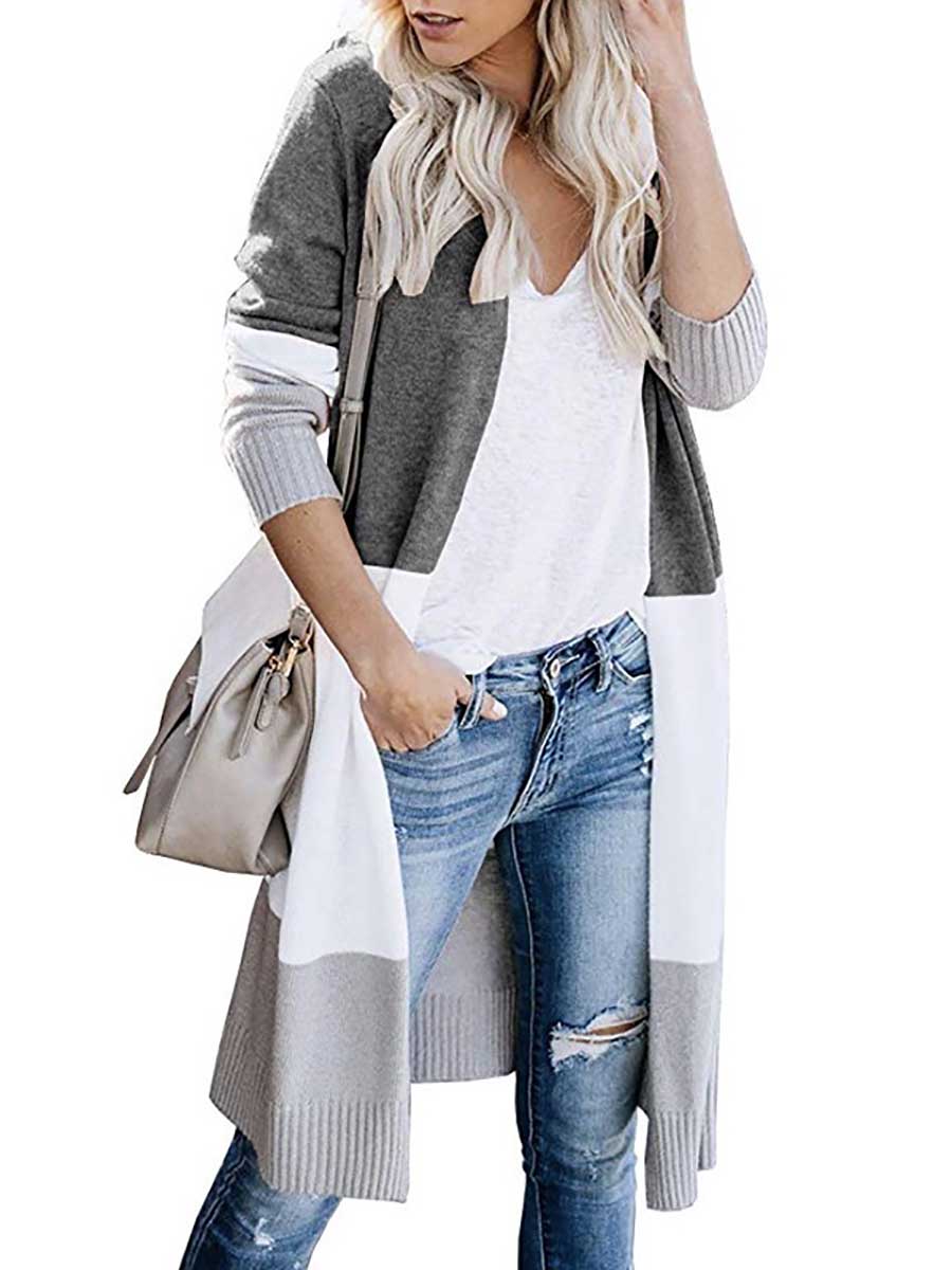 Lunimesd Knit Sweater Tricolor Stripe Patchwork Long Sweater Cardigan