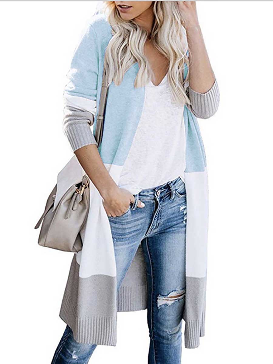 Lunimesd Knit Sweater Tricolor Stripe Patchwork Long Sweater Cardigan