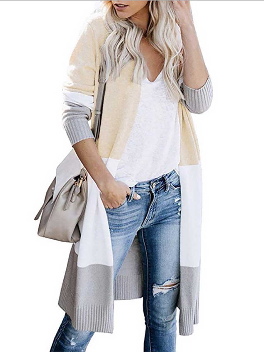 Lunimesd Knit Sweater Tricolor Stripe Patchwork Long Sweater Cardigan