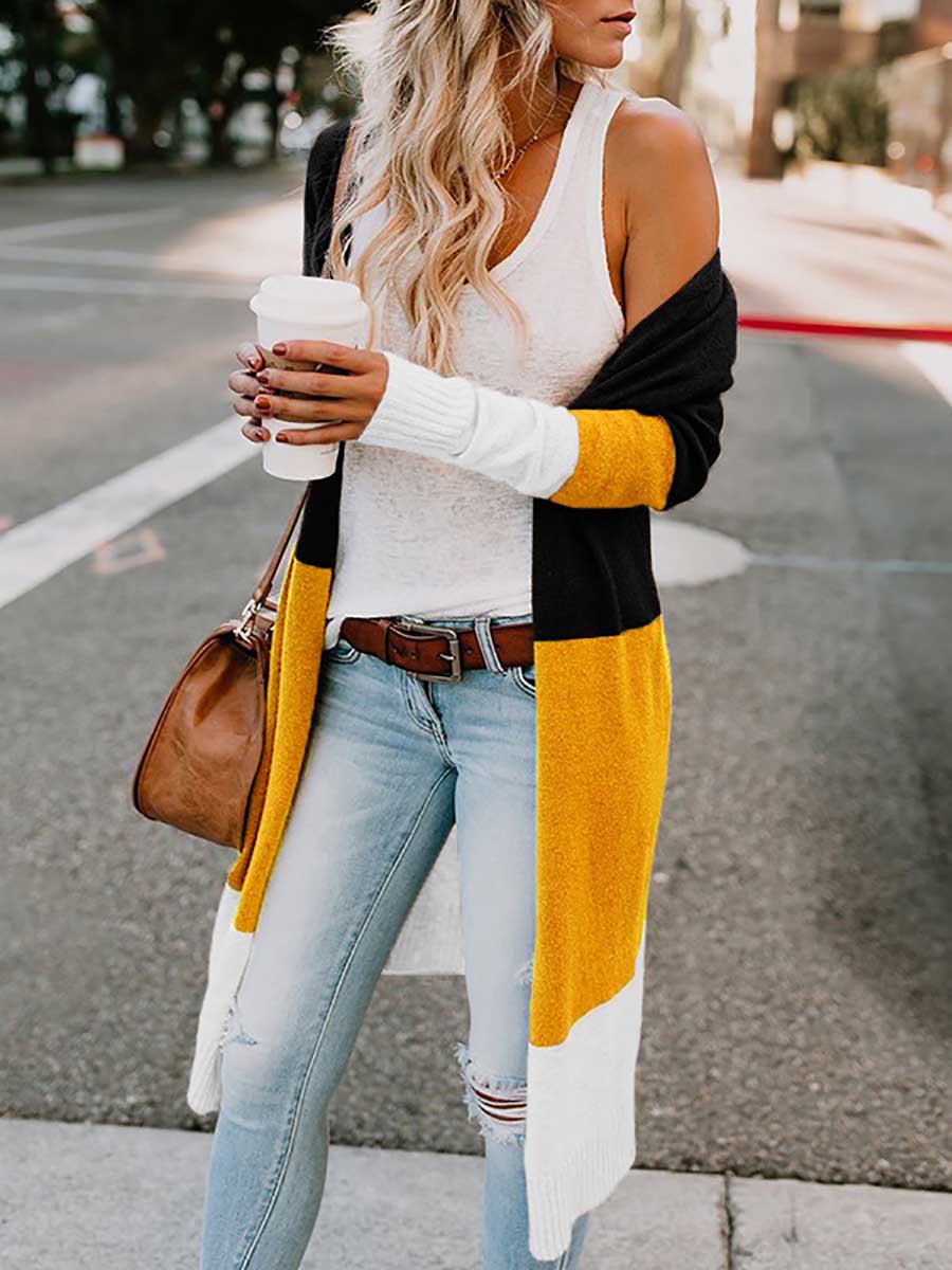 Lunimesd Knit Sweater Tricolor Stripe Patchwork Long Sweater Cardigan