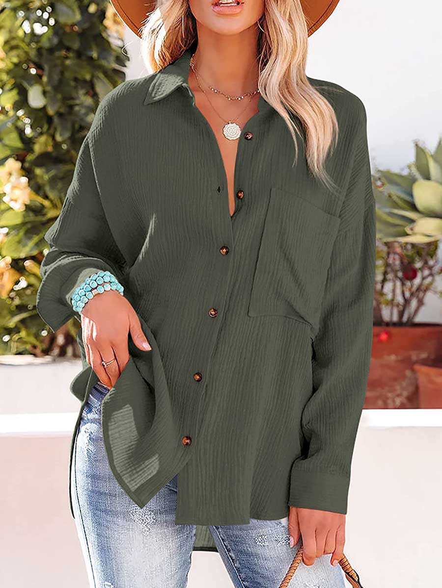 Lunimesd Women's Casual V-Neck Long Sleeve Button Down Shirt