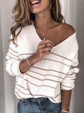 Lunimesd Solid Color Knit Sweater Casual Striped V-Neck Top