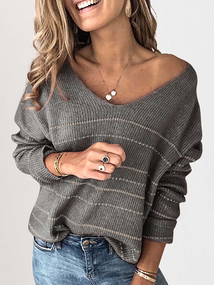 Lunimesd Solid Color Knit Sweater Casual Striped V-Neck Top