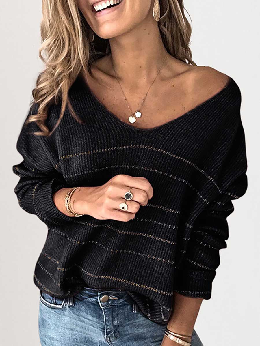 Lunimesd Solid Color Knit Sweater Casual Striped V-Neck Top