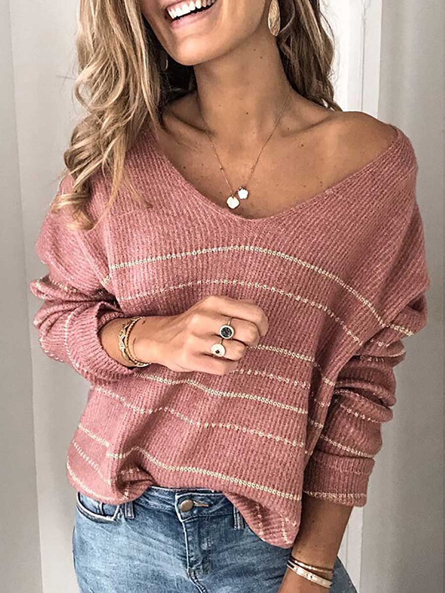 Lunimesd Solid Color Knit Sweater Casual Striped V-Neck Top