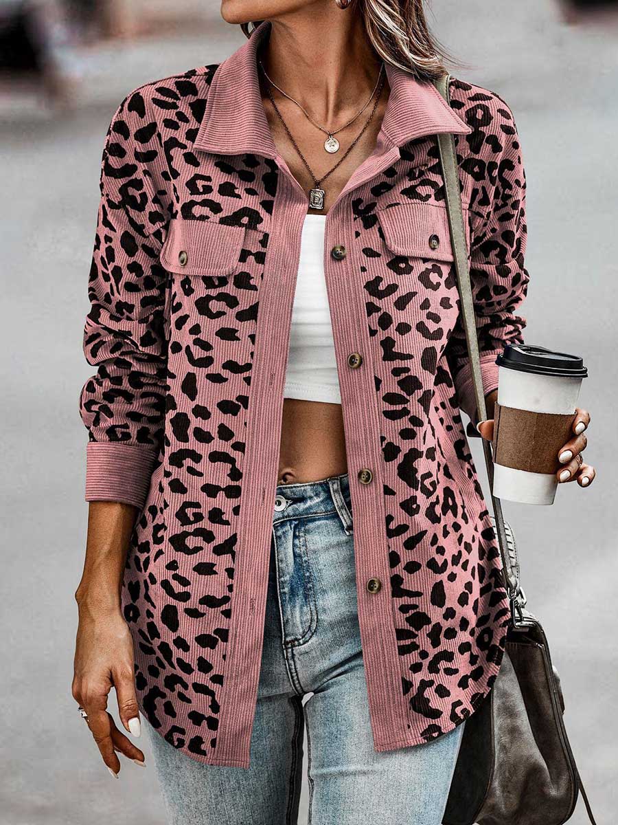 Lunimesd Corduroy Leopard Pocket Button Long Sleeve Women's Jacket