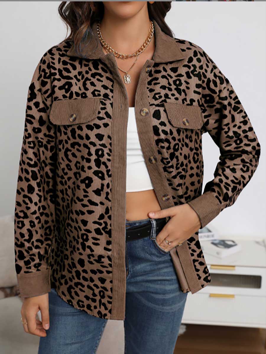 Lunimesd Corduroy Leopard Pocket Button Long Sleeve Women's Jacket