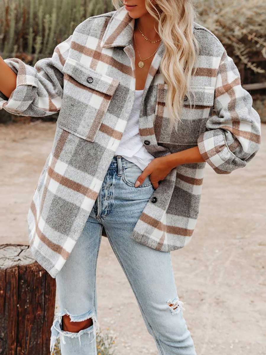 Lunimesd Autumn and Winter Long-sleeved Lapel Loose Plaid Thickened Tweed Jacket