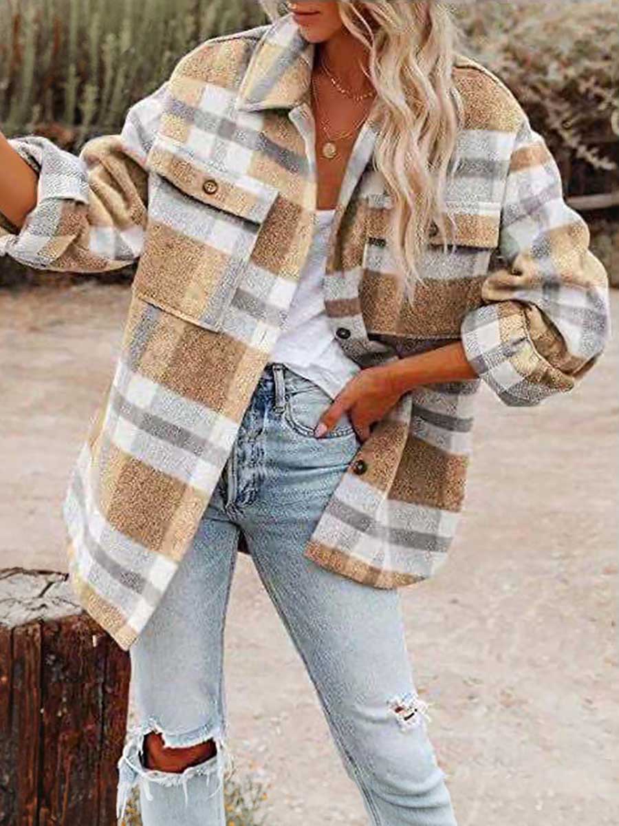 Lunimesd Autumn and Winter Long-sleeved Lapel Loose Plaid Thickened Tweed Jacket
