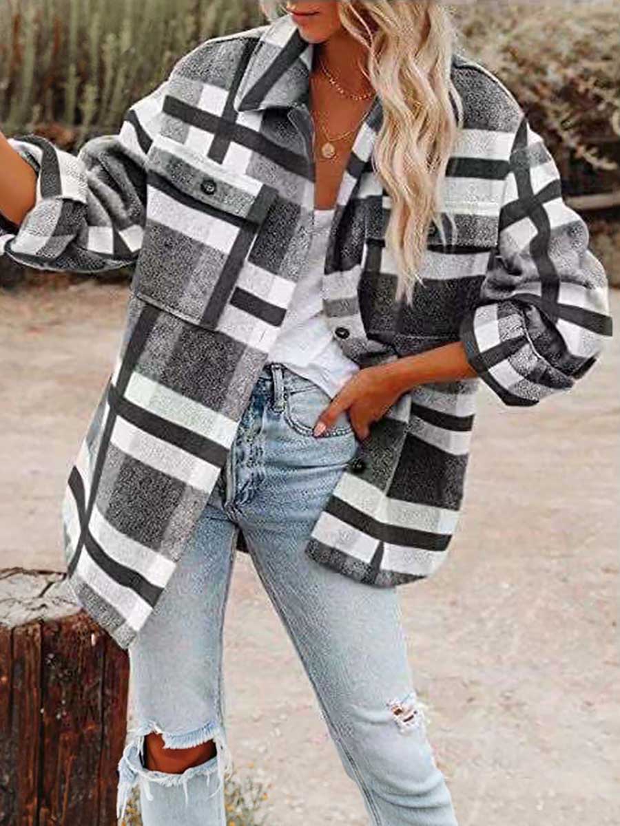 Lunimesd Autumn and Winter Long-sleeved Lapel Loose Plaid Thickened Tweed Jacket
