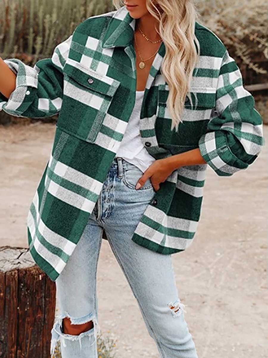 Lunimesd Autumn and Winter Long-sleeved Lapel Loose Plaid Thickened Tweed Jacket