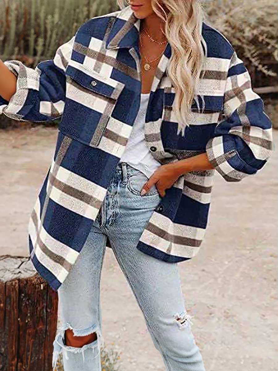 Lunimesd Autumn and Winter Long-sleeved Lapel Loose Plaid Thickened Tweed Jacket