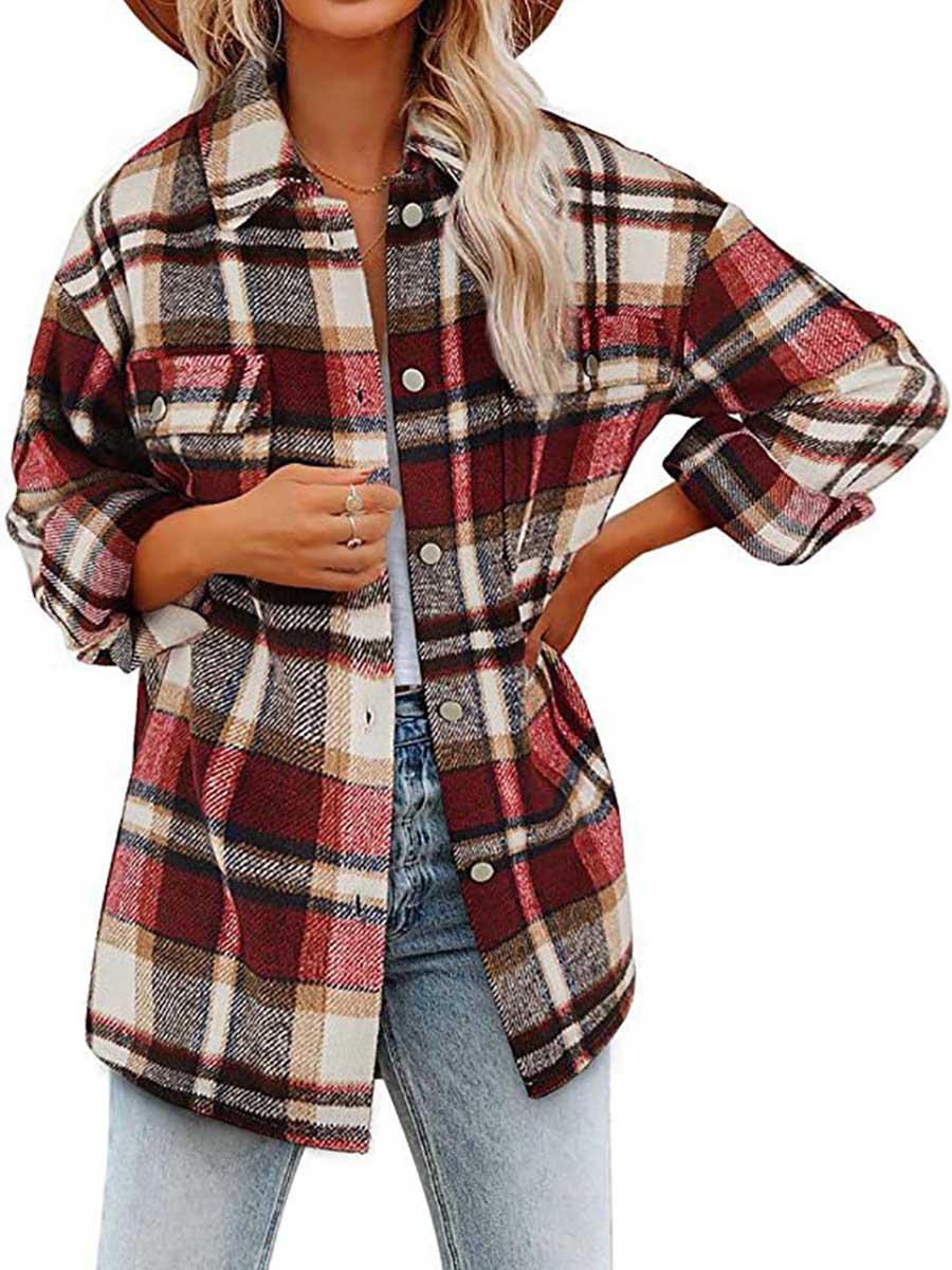 Lunimesd Autumn and Winter Long-sleeved Lapel Loose Plaid Thickened Tweed Jacket