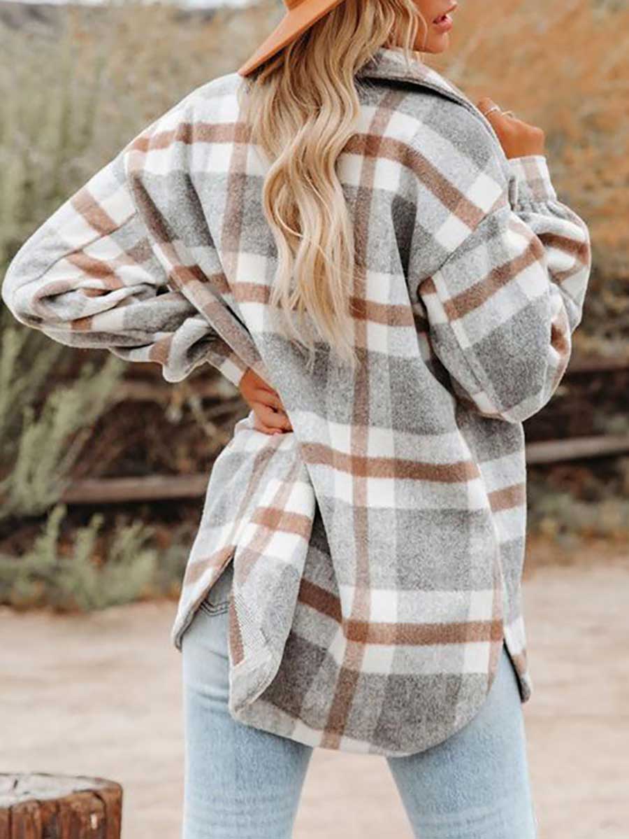 Lunimesd Autumn and Winter Long-sleeved Lapel Loose Plaid Thickened Tweed Jacket