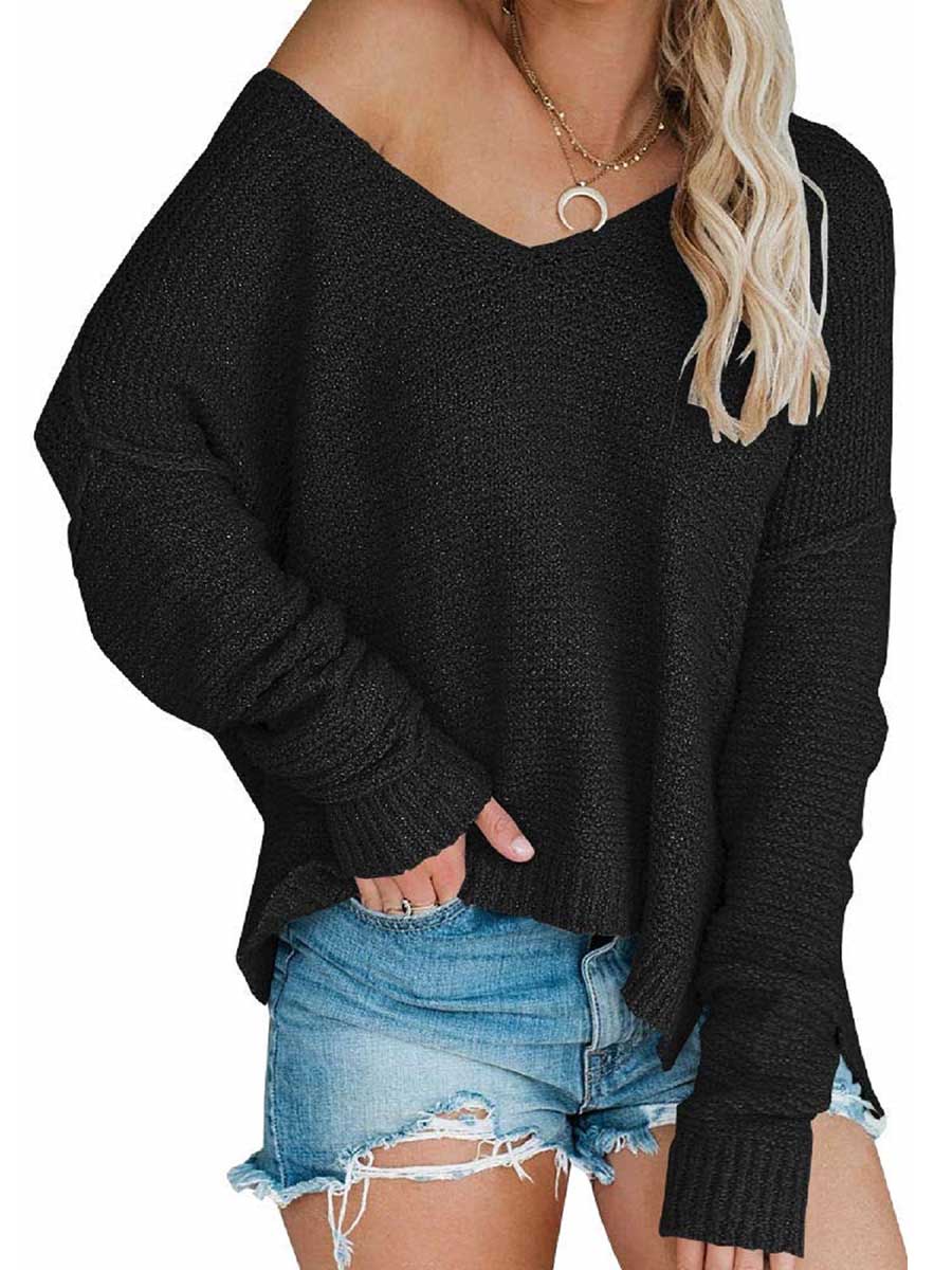 Lunimesd Strapless Knit Sweater Oversized Long Sleeve Sexy V-Neck Loose Pullover
