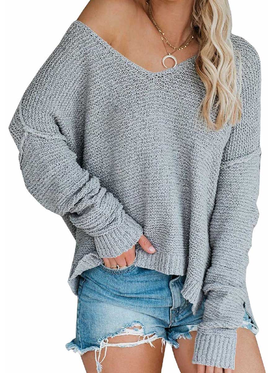 Lunimesd Strapless Knit Sweater Oversized Long Sleeve Sexy V-Neck Loose Pullover
