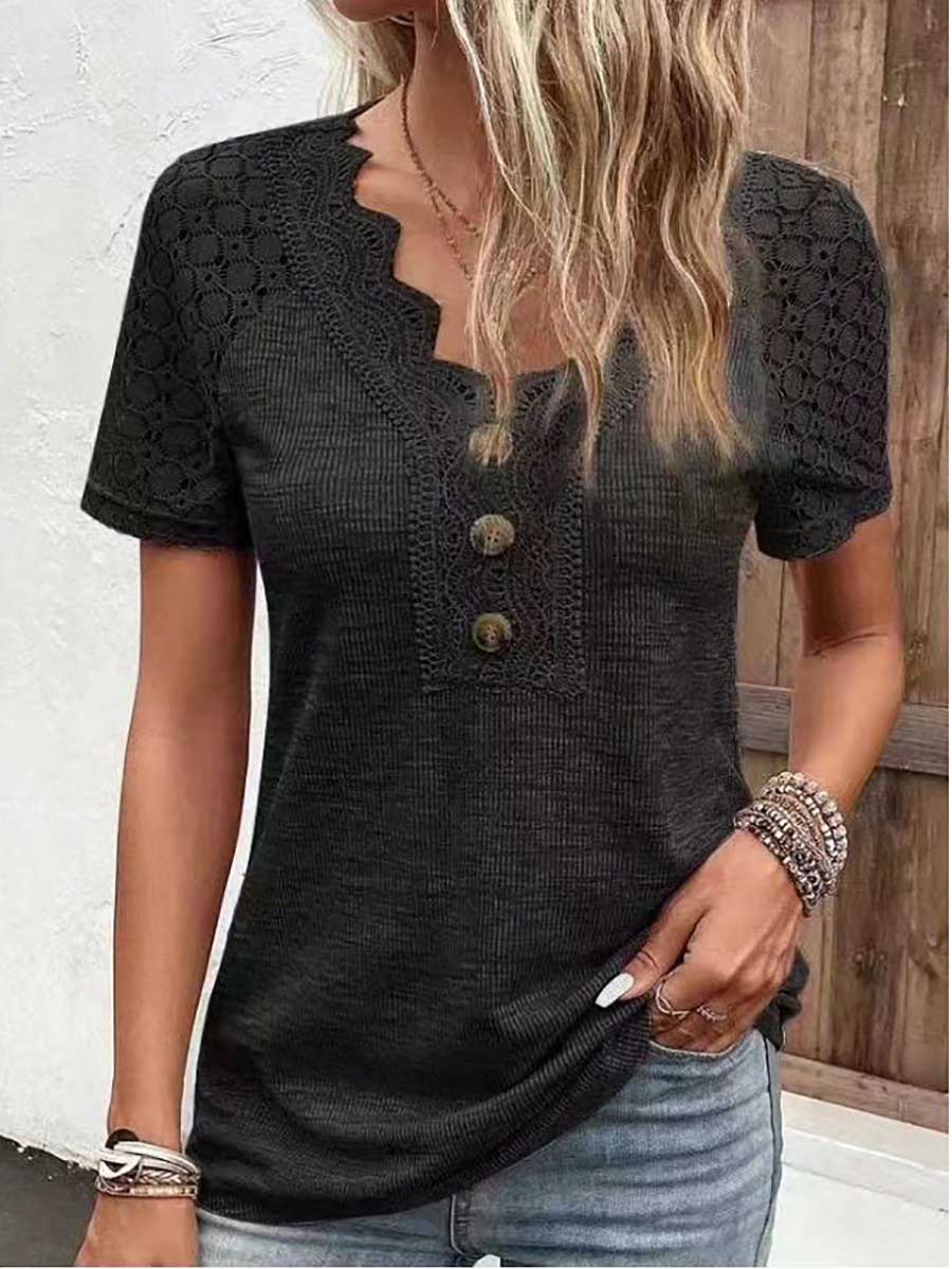 Comfortable Casual Lace Splicing V-Neck Pullover Top Women's T-Shirt