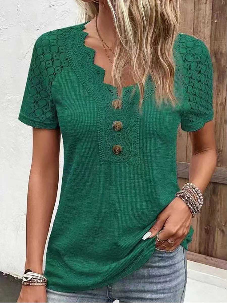 Veleaee Comfortable Casual Lace Splicing V-Neck Pullover Top Women's T-Shirt