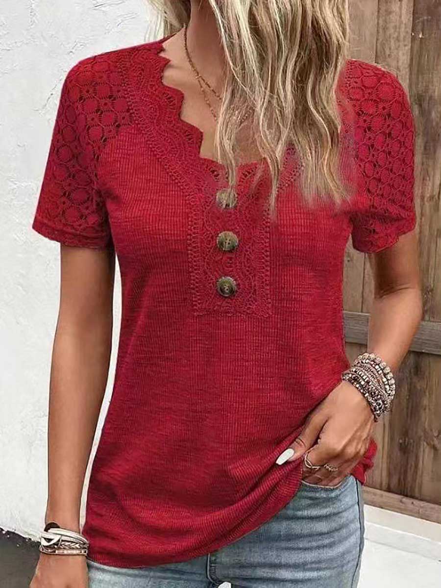 Veleaee Comfortable Casual Lace Splicing V-Neck Pullover Top Women's T-Shirt